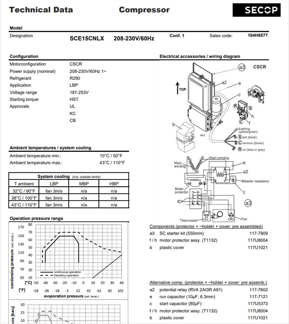 Refrigeration Helmetic Scroll Compressor SCE15CNLX Refrigerants R290 for Refrigerator Freezer Power Supply 208-230V/60Hz