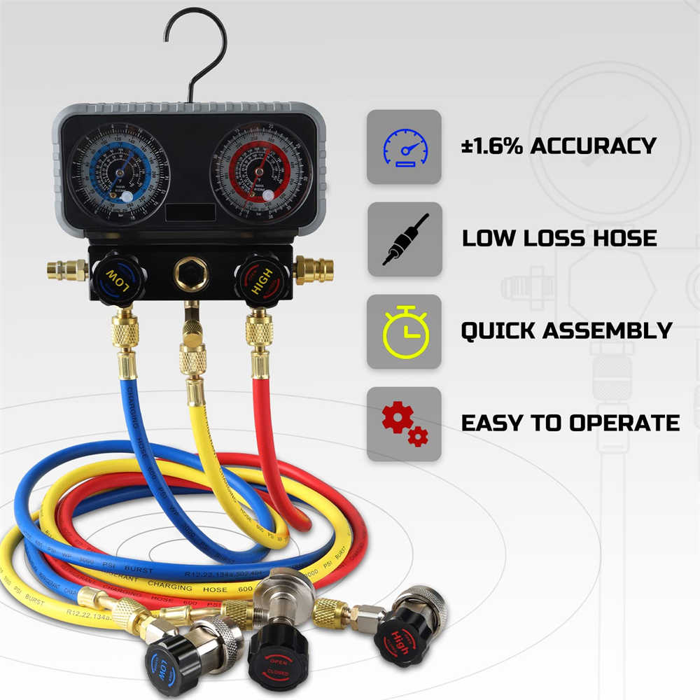 AC Gauge Set, Automotive Manifold Gauge R1234YF R134A and R404A Refrigerants, Works on Car Freon Charging and Evacuation