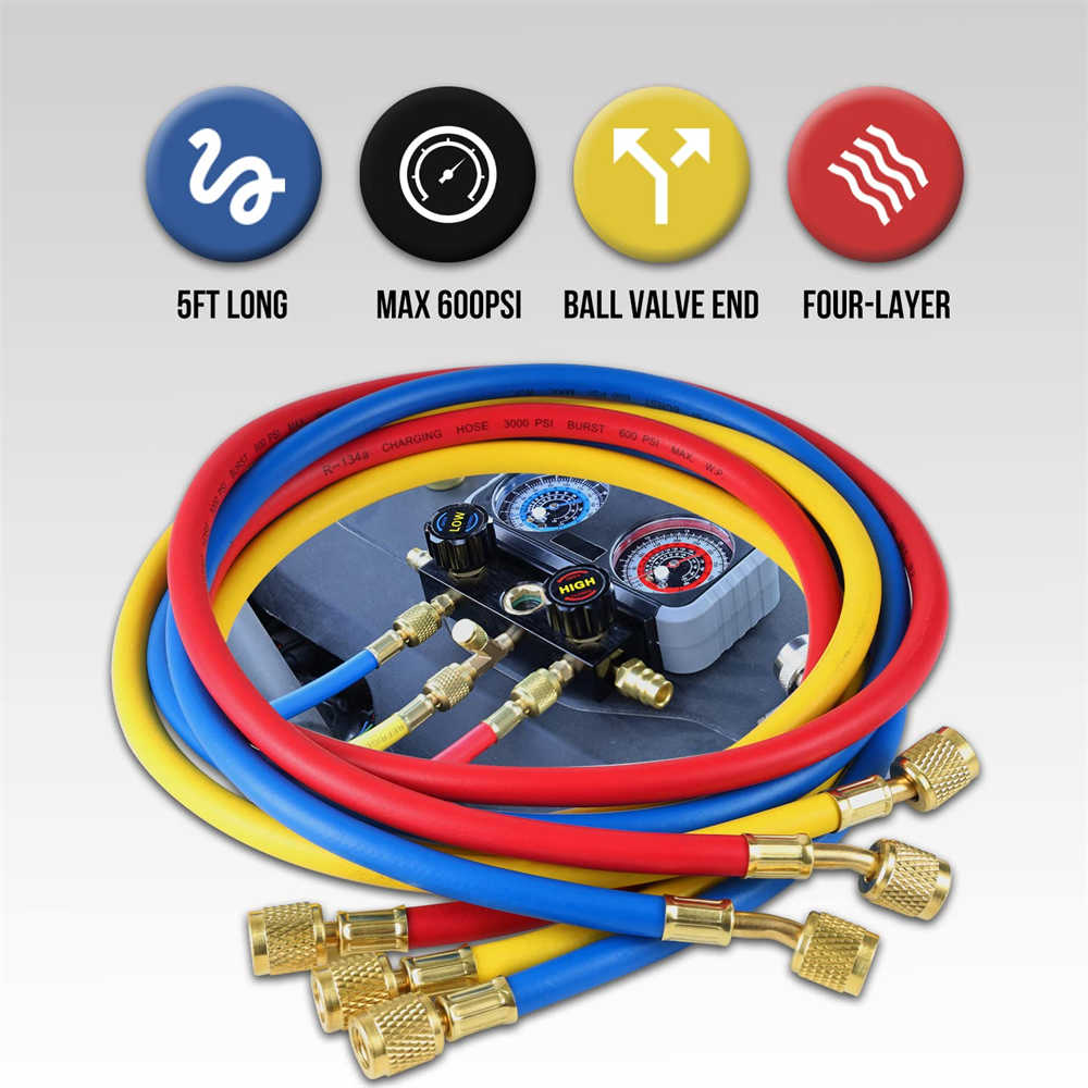 AC Gauge Set, Automotive Manifold Gauge R1234YF R134A and R404A Refrigerants, Works on Car Freon Charging and Evacuation