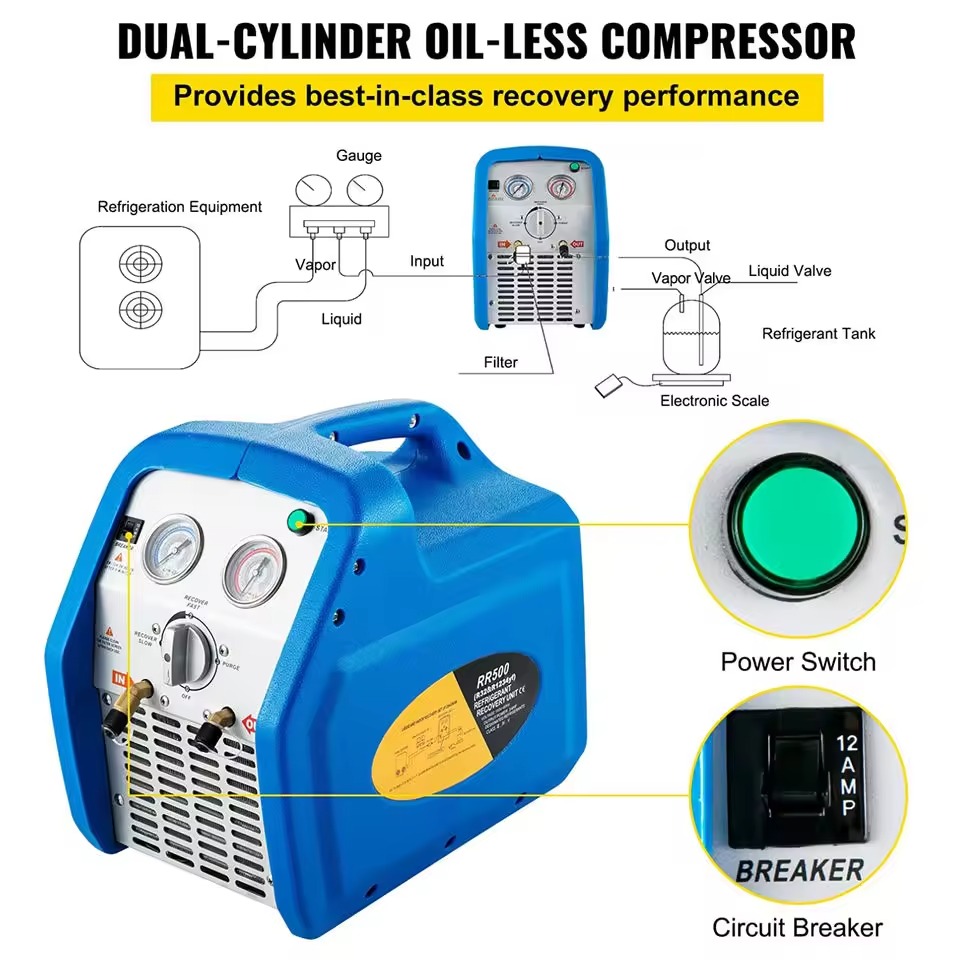 HVAC  Gas Refrigerant Recovery Machine Air Conditioner Single Cylinder AC Recovery Machine RR500