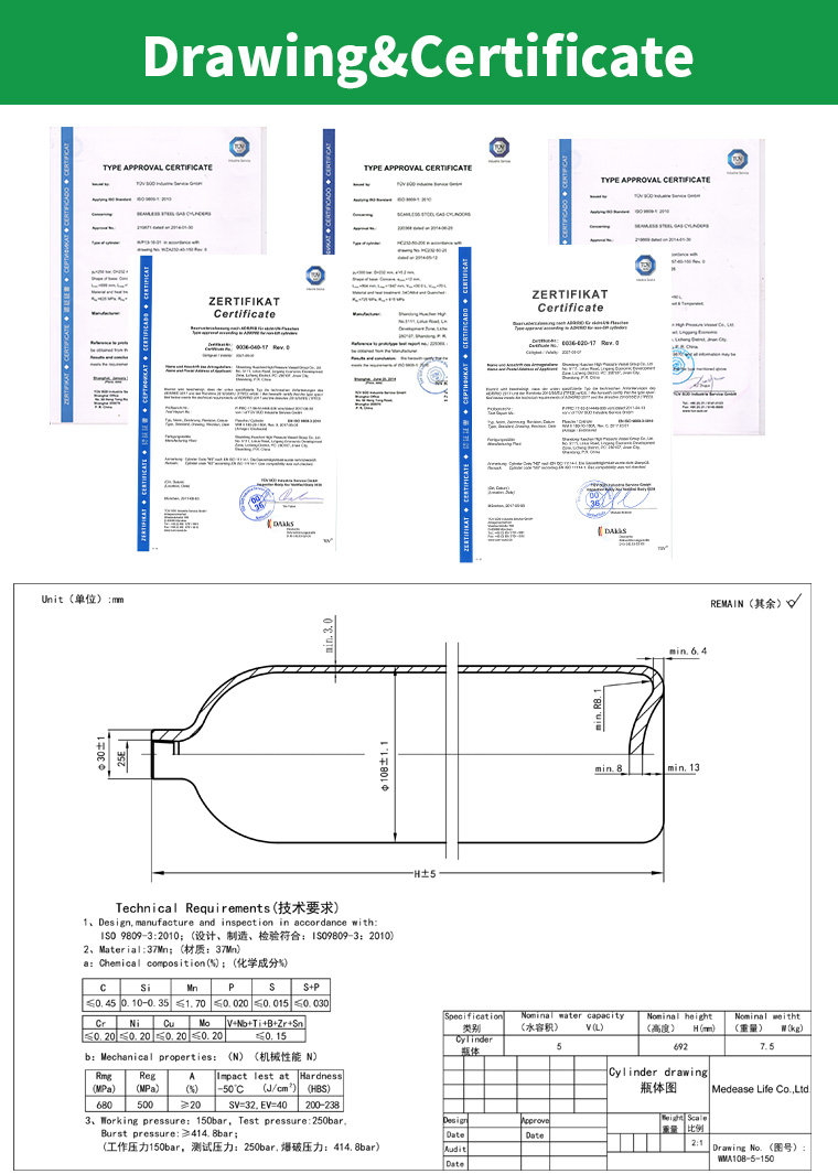CE Approved 150bar 200bar 300bar 20L 40L 50L High Pressure Steel Xenon Gas Cylinder for Sale