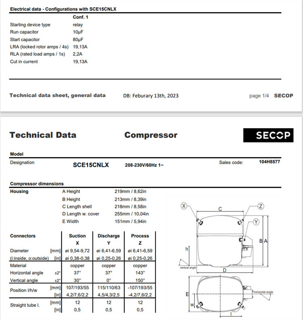 Refrigeration Helmetic Scroll Compressor SCE15CNLX Refrigerants R290 for Refrigerator Freezer Power Supply 208-230V/60Hz