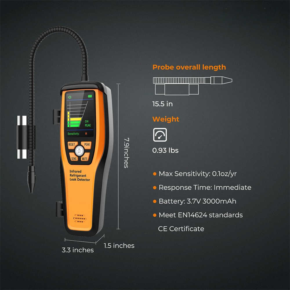 HVAC Refrigerant Leak Detector 10 Yrs Infrared Sensor Life Air Conditioning Detection, Automotive Gas Finder, ILD-200