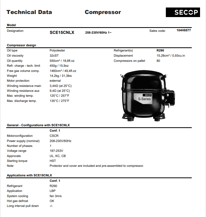 Refrigeration Helmetic Scroll Compressor SCE15CNLX Refrigerants R290 for Refrigerator Freezer Power Supply 208-230V/60Hz