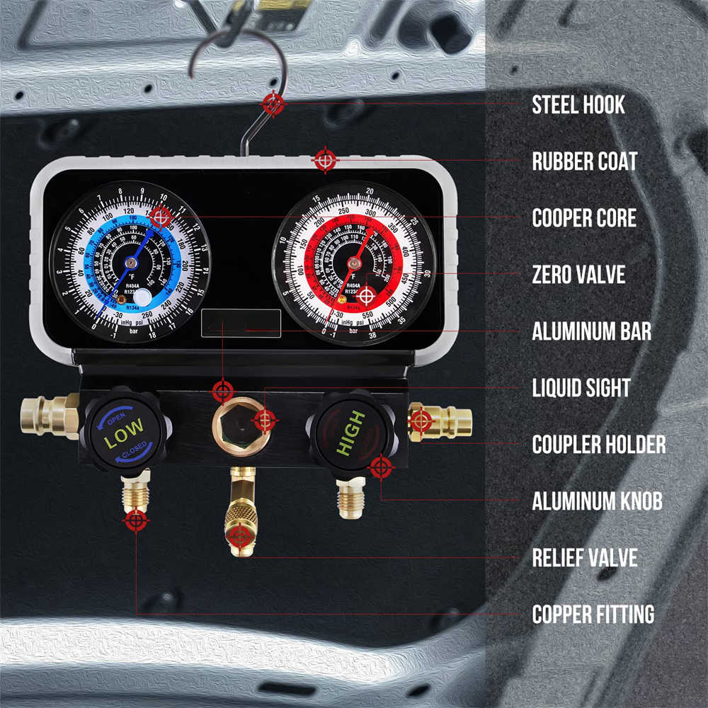 AC Gauge Set, Automotive Manifold Gauge R1234YF R134A and R404A Refrigerants, Works on Car Freon Charging and Evacuation