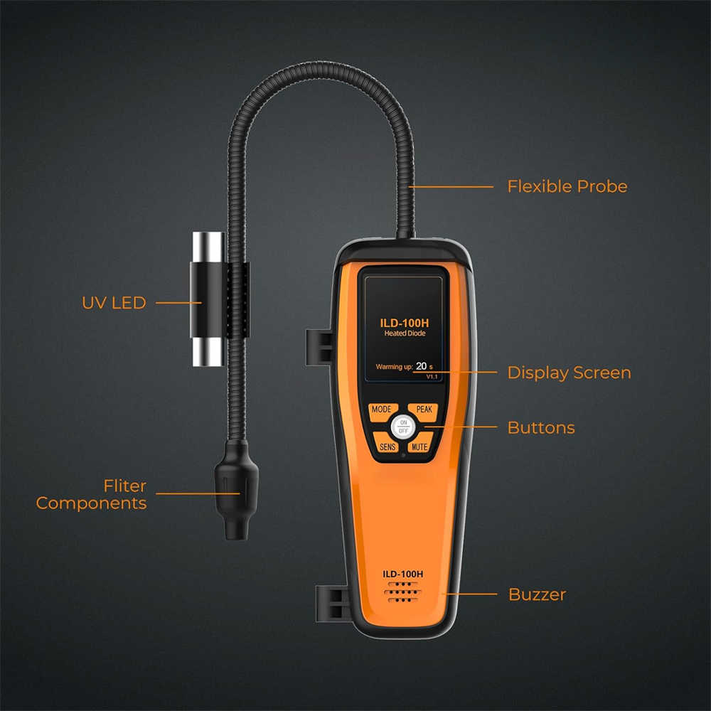 HVAC Refrigerant Leak Detector 10 Yrs Infrared Sensor Life Air Conditioning Detection, Automotive Gas Finder, ILD-200